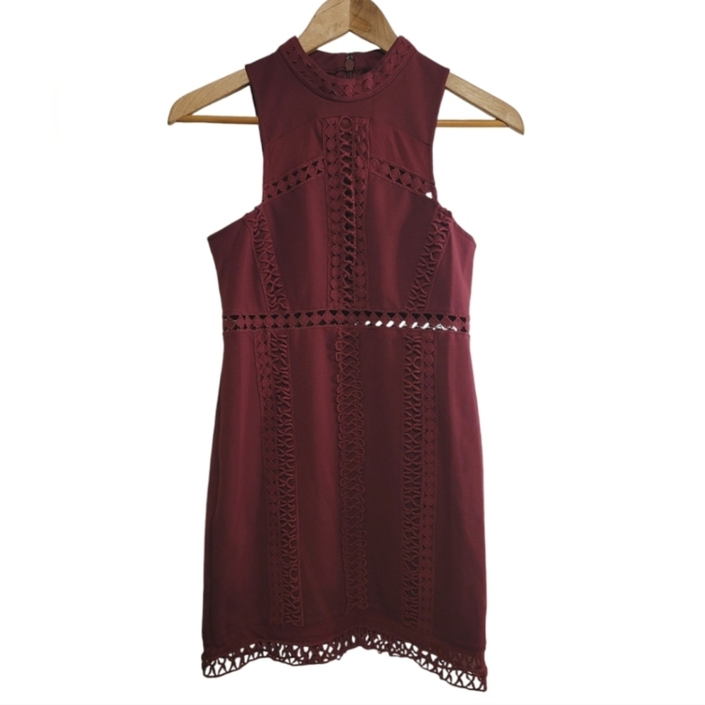Free People Skyscraper Crochet Details Burgundy Sleeveless Bodycon Mini Dress